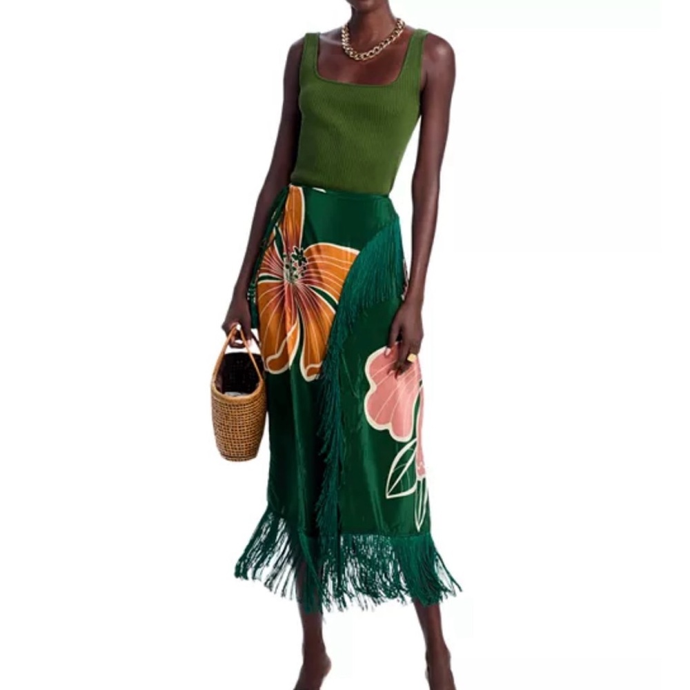 Farm Rio Floral Green Maxi Skirt with Fringe Detail size XXS